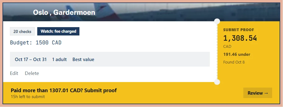 Deal card with a yellow strip: Paid more than 1,307.01 CAD? Submit proof, get your fee back. 15 hours left to submit