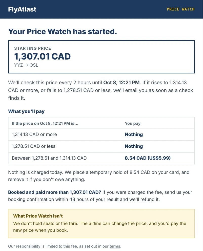 Price Watch started email: starting price 1,307.01 CAD, a table of what you pay at each result, and a note that we don&rsquo;t hold seats or the fare