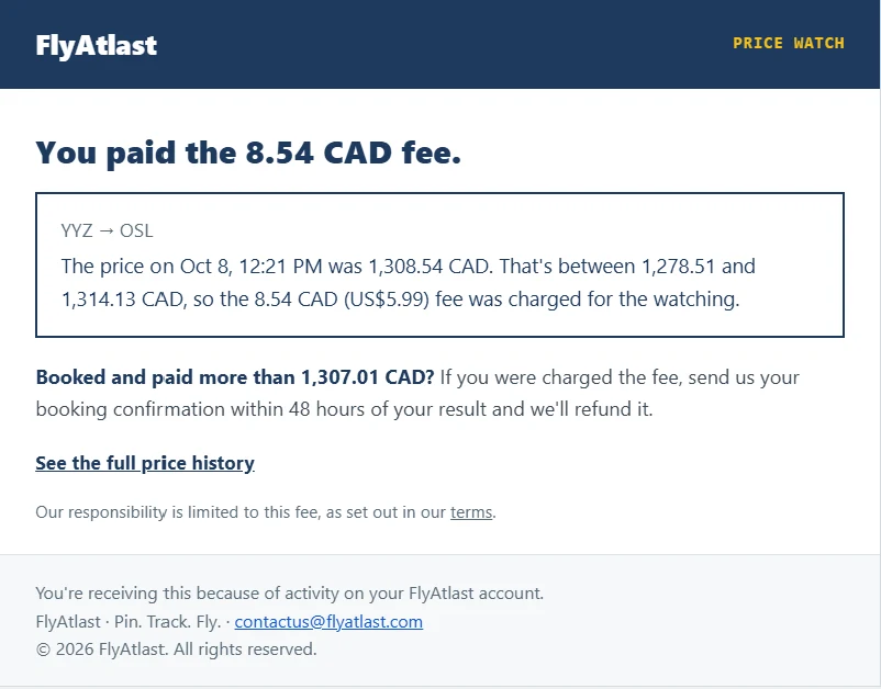 Price Watch result email: you paid the 8.54 CAD fee, with the price at the end of the watch